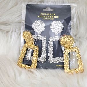 Rhinestone Rectangle Dangle Earrings. Gold pair and a silver pair. New & Unused